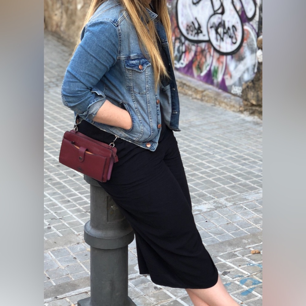 Cropped light wash denim jean jacket, copper rose gold hardware buttons